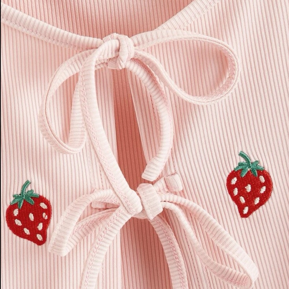 Baby Pink Strawberry Embroidered Cropped Self-Tie Cami NWOT - Picture 3 of 12